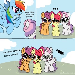 Size: 1280x1280 | Tagged: safe, artist:bloodyfeatherz, derpibooru import, apple bloom, rainbow dash, scootaloo, sweetie belle, earth pony, pegasus, pony, unicorn, ..., blank flank, censored, censored vulgarity, cloud, comic, cutie mark crusaders, female, filly, foal, grass, lightly watermarked, mare, swearing, vulgar, watermark