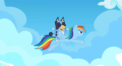 Size: 1980x1080 | Tagged: safe, artist:andrew_wolf, derpibooru import, rainbow dash, dog, pegasus, pony, bluey, bluey heeler, crossover, duo, flying, riding, riding a pony