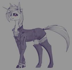 Size: 1900x1850 | Tagged: safe, artist:stray prey, derpibooru import, oc, oc only, oc:acidia, pony, unicorn, boots, clothes, eyeshadow, jacket, leather jacket, shoes, solo, thigh boots