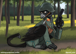 Size: 2450x1750 | Tagged: safe, artist:asktheguardponies, artist:guard-mod, derpibooru import, oc, griffon, background, black coat, brown eyes, clothes, detailed background, epaulettes, feline tail, female, forest background, grass, griffon oc, gun, handgun, helmet, military uniform, pistol, soldier, solo, uniform, weapon