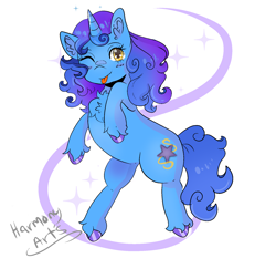 Size: 1692x1579 | Tagged: safe, artist:harmony arts, derpibooru import, oc, oc only, oc:nighttime wishes, pony, unicorn, chest fluff, female, mare, one eye closed, simple background, solo, tongue, tongue out, white background, wink