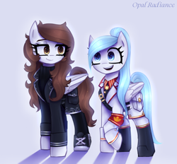 Size: 2520x2337 | Tagged: safe, artist:opal_radiance, derpibooru import, oc, oc only, oc:melancholy, oc:opal rosamond, pegasus, pony, black, boots, clothes, duo, duo female, eaw, eyebrows, female, folded wings, high res, mare, military, open mouth, open smile, pax solaris, pegasus oc, raised hoof, raised leg, shadow, shoes, signature, simple background, smiling, solarism, solarist, uniform, white, white background, wings