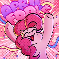 Size: 2000x2000 | Tagged: safe, artist:edgyanimator, derpibooru import, pinkie pie, earth pony, pony, april fools, big hair, big smile, confetti, cute, diapinkes, eye clipping through hair, eyelashes, eyes closed, happy, lineart, open mouth, open smile, party, pink, pink coat, pink fur, pink hair, pink mane, raised hooves, simple shading, smiling, solo, tail
