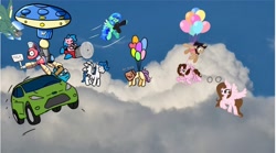 Size: 2048x1142 | Tagged: safe, artist:anuggetqueen, artist:beamhasreturned, artist:blitzyengineer, artist:jade breeze, artist:lightningstar, artist:paperbagpony, artist:shinta-girl, artist:thesimplementni, artist:tracklesth, derpibooru import, oc, oc:paper bag, oc:shinta pony, collaboration, balloon, car, cloud, flying, sign