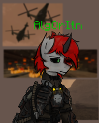 Size: 1800x2250 | Tagged: safe, artist:ashel_aras, derpibooru import, oc, oc only, pony, unicorn, armor, armored pony, blood, fallout, pictures, simple background, solo, stalcraft