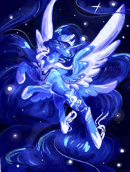 Size: 1536x2048 | Tagged: safe, artist:koricg, derpibooru import, oc, oc only, oc:rerum, alicorn, pony, alicorn oc, blue mane, blue tail, crown, digital art, ethereal mane, ethereal tail, eyelashes, feather, female, flowing mane, flowing tail, hoof shoes, horn, jewelry, mare, night, peytral, regalia, solo, spread wings, stars, tail, white eyes, wings