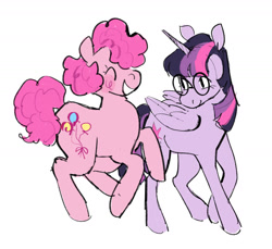 Size: 1617x1484 | Tagged: safe, artist:peachybats, derpibooru import, pinkie pie, twilight sparkle, twilight sparkle (alicorn), alicorn, earth pony, pony, glasses, simple background, white background