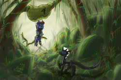 Size: 2920x1922 | Tagged: safe, artist:ashel_aras, artist:kirieshka, derpibooru import, oc, oc only, changeling, pony, unicorn, zebra, collaboration, anticipation, background, bad end, bait, changeling oc, clothes, doubt, duo, failure, forest, forest background, hunter, male, parachute, plant, pleased, predator, smiling, smirk, spider web, trap, zebra oc