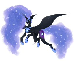 Size: 1700x1390 | Tagged: safe, artist:via2211, derpibooru import, nightmare moon, alicorn, pony, blue eyes, blue mane, blue tail, digital art, ethereal mane, ethereal tail, eyelashes, eyeshadow, fangs, female, flowing mane, flowing tail, flying, helmet, hoof shoes, horn, long horn, looking at you, makeup, mare, peytral, simple background, smiling, smiling at you, solo, spread wings, starry mane, starry tail, tail, transparent background, wings