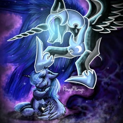 Size: 1280x1280 | Tagged: safe, artist:angelwingsmlpfim, derpibooru import, nightmare moon, princess luna, alicorn, pony, abstract background, blank eyes, blue mane, colored pupils, crying, digital art, ethereal mane, evil grin, eyelashes, eyes closed, fangs, feather, female, flowing mane, folded wings, glowing, grin, helmet, hoof shoes, horn, mare, night, nightmare, open mouth, peytral, sad, signature, sitting, smiling, solo, sparkles, spread wings, starry mane, stars, teeth, wings