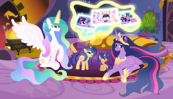 Size: 1024x586 | Tagged: safe, artist:velveagicsentryyt, derpibooru import, princess celestia, princess twilight 2.0, twilight sparkle, twilight sparkle (alicorn), oc, oc:galaxy swirls, oc:velvet sentry, alicorn, pony, unicorn, the last problem, base used, female, filly, foal, magic, offspring, older, older twilight, parent:flash sentry, parent:twilight sparkle, parents:flashlight