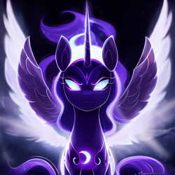 Size: 1024x1024 | Tagged: safe, derpibooru import, editor:siber, generator:purplesmart.ai, generator:stable diffusion, machine learning generated, nightmare moon, alicorn, pony, female, looking at you, mare, solo, spread wings, wings