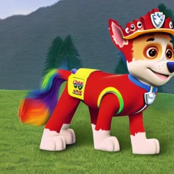 Size: 512x512 | Tagged: safe, derpibooru import, generator:stable diffusion, machine learning generated, dog, dog pony, original species, pony, crossover, male, paw patrol, rainbow tail, tail