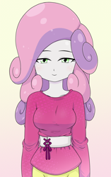 Size: 1394x2224 | Tagged: safe, artist:batipin, derpibooru import, sweetie belle, human, equestria girls, breasts, clothes, digital art, female, looking at you, older, older sweetie belle, smiling, solo, sweetie boobs