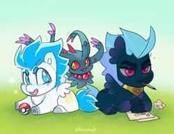 Size: 1403x1080 | Tagged: safe, artist:anoraknr, derpibooru import, oc, oc:dark skroll, oc:storm chaser, poké ball, pokémon, simple background, trio