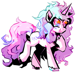 Size: 2048x1972 | Tagged: safe, artist:setotonin, derpibooru import, oc, pony, unicorn, cel shading, curly hair, curly mane, messy mane, shading, simple background, smiling, solo, standing, starry eyes, transparent background, unshorn fetlocks, wingding eyes