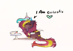 Size: 1533x1076 | Tagged: safe, artist:krissstudios, derpibooru import, princess celestia, oc, oc only, oc:joshua, kirin, blushing, c:, cake, cheek fluff, chest fluff, chibi, clothes, cosplay, costume, cup, cute, dialogue, ear fluff, ears, eyes closed, fake wings, fluffy, food, heart, leonine tail, male, neck fluff, ocbetes, raised hoof, raised leg, simple background, smiling, smol, solo, table, tail, teacup, teapot, white background, wig