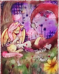 Size: 1080x1350 | Tagged: safe, artist:aimishix, derpibooru import, discord, fluttershy, bird, draconequus, pegasus, pony, rabbit, animal, bird house, discoshy, duo, eyes closed, female, lying down, male, mare, outdoors, partially open wings, shipping, sitting, smiling, straight, traditional art, tree, under the tree, wings