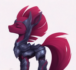 Size: 832x768 | Tagged: safe, derpibooru import, machine learning generated, tempest shadow, pony, unicorn, armor, concave belly, eyes closed, female, mare, simple background, solo, white background