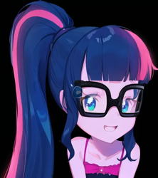 Size: 512x576 | Tagged: safe, artist:luckreza8, derpibooru import, machine learning generated, sci-twi, twilight sparkle, human, equestria girls, :d, anime, bare shoulders, black background, female, open mouth, open smile, pinegraph, simple background, sleeveless, smiling, solo