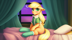 Size: 1024x576 | Tagged: safe, derpibooru import, machine learning assisted, machine learning generated, applejack, earth pony, pony, bed, bedroom, clothes, cute, dress, female, mare, sitting, socks, solo, window