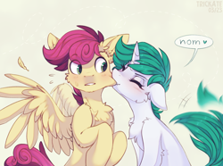 Size: 2690x2000 | Tagged: safe, artist:trickate, derpibooru import, oc, oc only, oc:hazel, oc:wallparty, pegasus, pony, unicorn, cheek bite, chest fluff, commission, eye clipping through hair, eyes closed, female, horn, male, mare, oc x oc, pegasus oc, shipping, simple background, sitting, solo, speech bubble, stallion, straight, sweat, tail, tail wag, unicorn oc, ych result