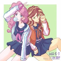 Size: 4093x4093 | Tagged: safe, artist:子轩敲可耐呀, derpibooru import, pinkie pie, sunset shimmer, human, bubblegum, clothes, duo, duo female, female, food, gum, humanized, looking at you, school uniform, smiling, smiling at you