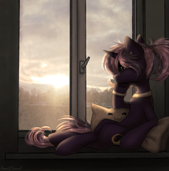 Size: 1733x1749 | Tagged: safe, artist:avrameow, derpibooru import, oc, oc only, oc:tenebris flux, pony, unicorn, ear piercing, earring, horn, jewelry, leg rings, looking out the window, no source available, piercing, pillow, ponytail, real life background, solo, unicorn oc, window