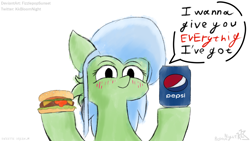 Size: 1920x1080 | Tagged: safe, artist:fizzlepopsunset, derpibooru import, oc, oc only, pony, burger, female, food, hamburger, pepsi, simple background, soda, solo, white background