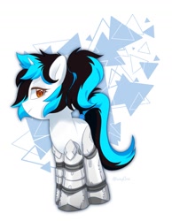 Size: 1251x1614 | Tagged: safe, derpibooru import, oc, oc:flawless ice, cyborg, pony, unicorn, abstract background, cybernetic legs, solo