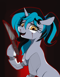 Size: 2731x3500 | Tagged: safe, derpibooru import, oc, oc:flawless ice, cyborg, pony, unicorn, blood, commission, knife, solo, yandere, ych result