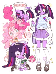 Size: 1536x2008 | Tagged: safe, artist:sharpycharot, derpibooru import, pinkie pie, twilight sparkle, unicorn twilight, earth pony, human, pony, unicorn, clothes, duo, duo female, female, glasses, horn, horned humanization, humanized, pleated skirt, side ponytail, skirt, socks, speech bubble