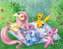 Size: 2048x1587 | Tagged: safe, artist:fixhiara1, derpibooru import, fluttershy, pegasus, pikachu, pony, angel (lilo and stitch), blanket, crossover, female, flower, flower in hair, food, lilo and stitch, pokémon, stitch, tea