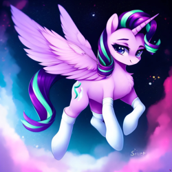 Size: 2048x2048 | Tagged: safe, derpibooru import, generator:purplesmart.ai, generator:stable diffusion, machine learning generated, starlight glimmer, alicorn, pony, abstract background, alicornified, chest fluff, clothes, female, looking at you, mare, race swap, socks, solo, spread wings, starlicorn, wings, xk-class end-of-the-world scenario