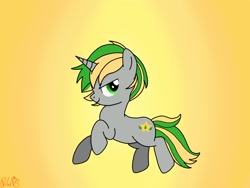 Size: 2048x1536 | Tagged: safe, artist:polak23, derpibooru import, oc, oc only, oc:emerald star, pony, unicorn, art trade, cute, gradient background, jumping, simple background, solo, yellow background