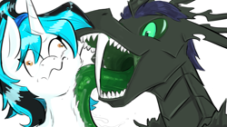 Size: 1557x875 | Tagged: safe, artist:testostepone, derpibooru import, oc, oc:flawless ice, oc:t'zzet, changeling, pony, unicorn, licking, solo, tongue, tongue out