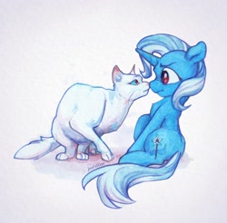 Size: 1648x1620 | Tagged: safe, artist:jewellier, derpibooru import, trixie, cat, pony, unicorn, boop, looking at each other, looking at someone, noseboop, simple background, tiny, tiny ponies