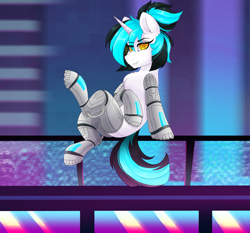 Size: 2173x2028 | Tagged: safe, artist:dusk feather, derpibooru import, oc, oc:flawless ice, cyborg, pony, unicorn, city, cyberpunk, railing, solo