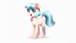 Size: 1024x576 | Tagged: safe, derpibooru import, machine learning assisted, machine learning generated, coco pommel, earth pony, pony, female, mare, open mouth, simple background, solo, white background