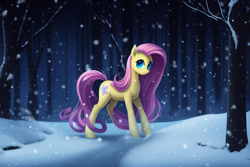 Size: 960x640 | Tagged: safe, derpibooru import, machine learning assisted, machine learning generated, fluttershy, pegasus, pony, female, forest, mare, snow, snowfall, solo