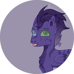 Size: 3002x3002 | Tagged: safe, artist:thecommandermiky, derpibooru import, oc, oc only, oc:miky command, cheetah, hybrid, pegasus, pony, chest fluff, circle background, digital art, ear fluff, ears, fangs, looking at you, pegasus oc, purple background, simple background, smiling, smiling at you, solo, update