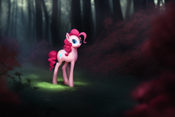 Size: 768x512 | Tagged: safe, derpibooru import, machine learning assisted, machine learning generated, pinkie pie, earth pony, pony, everfree forest, female, mare, solo