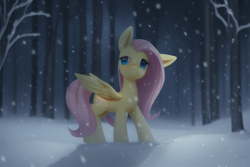 Size: 960x640 | Tagged: safe, derpibooru import, machine learning assisted, machine learning generated, fluttershy, pegasus, pony, female, forest, mare, snow, snowfall, solo