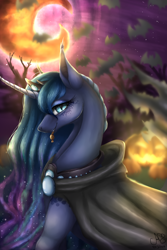 Size: 1000x1500 | Tagged: safe, artist:alissa1010, derpibooru import, princess luna, alicorn, bat, pony, blue eyes, blue mane, candy, cape, clothes, crepuscular rays, crescent moon, curved horn, cute, digital art, ethereal mane, eyelashes, eyeshadow, female, flowing mane, food, glowing, halloween, holiday, horn, lidded eyes, looking at you, makeup, mare, moon, moonlight, night, nightmare night, pumpkin, smiling, smiling at you, solo, starry mane, stars
