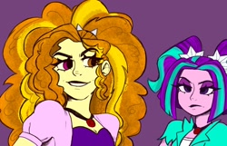 Size: 1972x1272 | Tagged: safe, artist:indigohatetrain, derpibooru import, adagio dazzle, aria blaze, equestria girls, duo, female, purple background, simple background