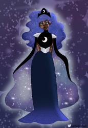 Size: 704x1024 | Tagged: safe, artist:indigohatetrain, derpibooru import, princess luna, human, alternate hairstyle, clothes, dark skin, dress, female, humanized, solo, vitiligo