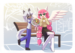 Size: 1407x1000 | Tagged: safe, artist:howxu, derpibooru import, oc, oc only, anthro, pegasus, unicorn, bench, breasts, cleavage, clothes, female, flower, long hair, male, oc x oc, shipping, straight, tail