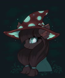 Size: 2681x3183 | Tagged: safe, artist:confetticakez, derpibooru import, oc, oc only, pony, brown fur, brown mane, clothes, dark background, ear fluff, ears, female, freckles, green eyes, hat, mare, mushroom, mushroom hat, robe