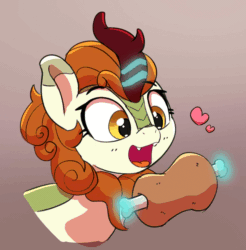 Size: 1180x1200 | Tagged: safe, artist:pabbley, derpibooru import, edit, autumn blaze, kirin, animated, awwtumn blaze, biting, bust, chomp, cute, cute little fangs, ears, eating, exclamation point, eyes closed, fangs, female, floating heart, floppy ears, food, gif, gradient background, heart, levitation, magic, meat, nom, omnivore, open mouth, open smile, ponies eating meat, smiling, solo, telekinesis, two-frame gif