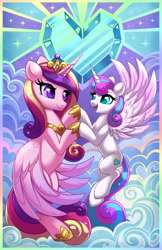 Size: 2650x4096 | Tagged: safe, artist:confetticakez, derpibooru import, princess cadance, princess flurry heart, alicorn, pony, duo, female, holding hooves, looking at each other, looking at someone, mother and child, mother and daughter, older, older flurry heart, open mouth, open smile, parent and child, smiling, smiling at each other